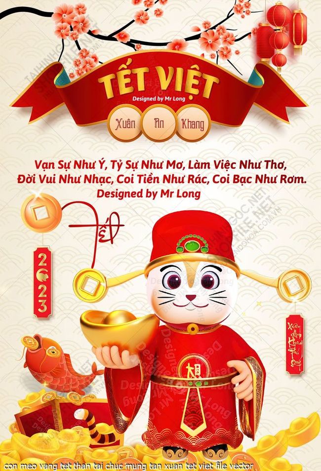 con meo vang tet than tai chuc mung tan xuan tet viet file vector